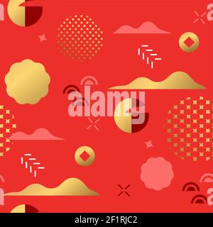 Motif minimaliste d'art chinois sans couture dans des tons de rouge et d'or. Formes géométriques abstraites, décor asiatique traditionnel pour la nouvelle année ou cele Illustration de Vecteur