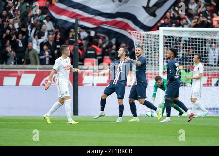 Pablo SARABIA (PSG) a marqué un but, Mauro ICARDI (PSG), Neymar da Silva Santos Junior - Neymar Jr (PSG), lors du championnat français L1 du match de football entre Paris Saint-Germain et SCO Angers le 5 octobre 2019 au stade du Parc des Princes à Paris, France - photo Stephane Allaman / DPPI Banque D'Images