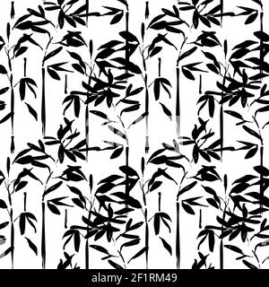 Motif de feuilles de bambou asiatique sans coutures. Fond d'art chinois traditionnel dessiné à la main en noir et blanc. Illustration de Vecteur