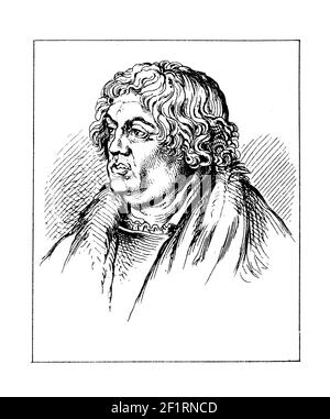 Gravure antique d'un portrait de Willibald Pirckheimer, avocat allemand, auteur et humaniste. Il est né le 5 décembre 1470 à Eichstatt, Bavière, G. Banque D'Images