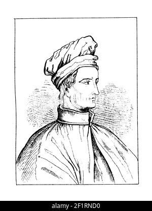 Gravure antique d'un portrait d'Amerigo Vespucci, explorateur italien, navigateur et cartographe. Il est né le 9 mars 1454 à Montefioralle, Ital Banque D'Images