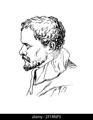 Illustration antique d'un portrait d'Annibale Carracci, peintre baroque italien. Il est né le 3 novembre 1560 à Bologne, en Italie, et est décédé le 1er juillet Banque D'Images