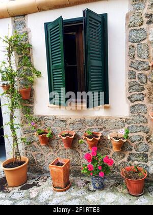 Ruelle typique de Malaga, Espagne, avec des façades de pierre décorées de fleurs colorées. Banque D'Images