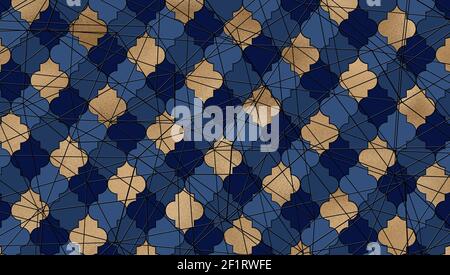 Arrière-plan abstrait. Motif or bleu avec lignes, style arabe marocain texture géométrique . Lignes modernes et contemporaines, design marocain doré et bleu. Illustration 3D Banque D'Images