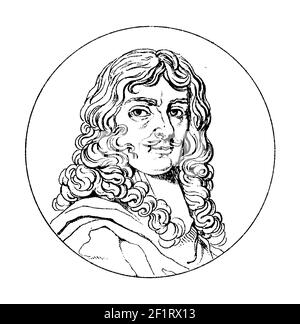 Illustration antique d'un portrait de Christian Huygens, mathématicien néerlandais, astronome, physicien et horologue. Il est né le 14 avril 1629 à Banque D'Images