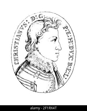 Gravure antique d'un portrait de Christian le plus jeune de Brunswick, duc de Brunswick-Lunebourg et évêque de Halberstadt. Né le 20 septembre 159 Banque D'Images