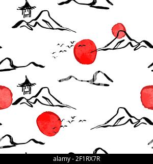 Illustration d'un paysage de montagne chinois sans couture. Arrière-plan d'art asiatique traditionnel, scène de colline dessinée à la main avec bâtiment historique de pagode. Illustration de Vecteur