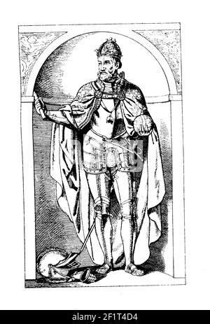 Gravure antique d'un portrait de Ferdinand Ier, empereur romain, roi de Bohême et de Hongrie. Il est né le 10 mars 1503 à Alcala de Henares, C. Banque D'Images