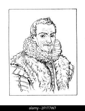 Gravure antique du XIXe siècle d'un portrait de Jacques Auguste de Thou, historien français. Il est né le 8 octobre 1553 à Paris, en France, et il est décédé Banque D'Images