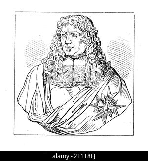 Illustration antique du XIXe siècle d'un portrait de Jean-Baptiste Colbert, ministre français des Finances. Colbert est né le 29 août 1619 à Reims, FR Banque D'Images