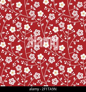 Illustration d'un motif de fleur de prune chinoise sans couture. Branche florale rouge et or décoration naturelle pour l'événement culturel asiatique traditionnel Illustration de Vecteur