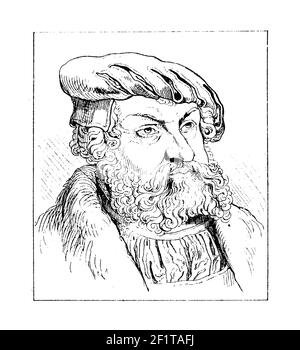 Gravure antique du XIXe siècle d'un portrait de Jean, électeur de Saxe. Né le 30 juin 1468 à Meissen, en Allemagne, il mourut le 16 août 1532 à Schw Banque D'Images