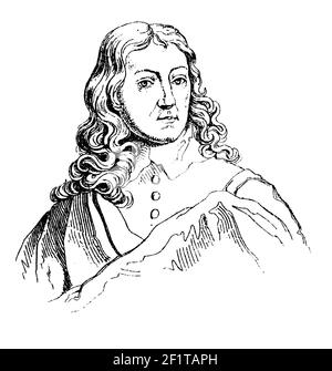 Illustration antique d'un portrait de John Milton, poète anglais, auteur et polémiste. Il est né le 9 décembre 1608 à Londres, en Angleterre, et est décédé Banque D'Images