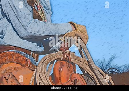 États-Unis, Colorado, comté de Custer, Westcliffe, Music Meadows Ranch. Détail de la main de ranch femelle dans une tenue de ranch typique de l'Ouest. Ordinateur amélioré. Banque D'Images