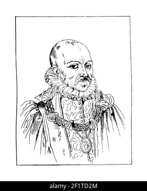 Illustration antique d'un portrait de Michel de Montaigne, écrivain français. Il est né le 28 février 1533 en Aquitaine, en France, et est décédé en septembre Banque D'Images