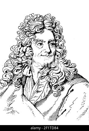 Illustration antique du XIXe siècle d'un portrait de Nicolas Boileau-Despreaux, poète et critique français. Né le 1er novembre 1636 à Paris, France, il di Banque D'Images