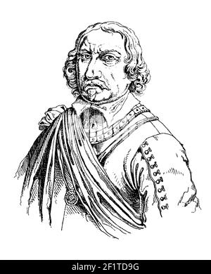 Illustration antique d'un portrait d'Oliver Cromwell, chef militaire et politique anglais. Cromwell est né le 25 avril 1599 [OS] à Huntington, Banque D'Images