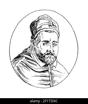 Gravure antique d'un portrait du Pape Paul V. né le 17 septembre 1552 à Rome, Italie, il mourut le 28 janvier 1621 à Rome, Italie. Illustration pu Banque D'Images