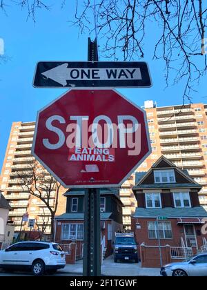 Stop Eating Animals, déclaration vegan activiste sur un panneau de rue dans le quartier de Kensington à Brooklyn, New York. Banque D'Images