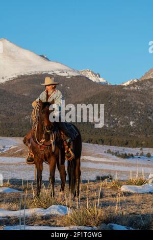 États-Unis, Colorado, Westcliffe, Music Meadows Ranch. Main de ranch femelle dans un ranch typique de l'ouest tenue sur cheval de baie en hiver. Modèle validé. Banque D'Images