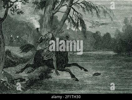 HERNE LE CHASSEUR de folklore anglais fantôme qui hante la forêt de Windsor avec ses huttes et un hibou. Gravure vers 1843 par George Cruikshank sho9ws Herne étant regardée par le duc de Richmond et le comte de Surrey. Banque D'Images