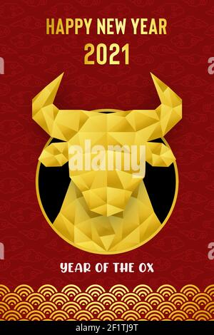 Illustration de la carte de vœux du nouvel an chinois du ox 2021. Tête de taureau basse en poly or de luxe avec fond d'art asiatique doré traditionnel. Illustration de Vecteur