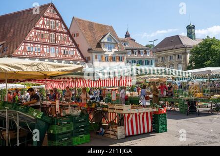 Les gens aiment acheter de la nourriture au marché hebdomadaire des agriculteurs dans La place de la ville d'Esslingen sur le Neckar Banque D'Images