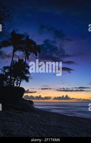 Coucher de soleil spectaculaire à Sunset Beach, North Shore, avec des palmiers silhouettés le long de la côte idyllique et de la plage de sable, Oahu, Honolulu, Hawaii, États-Unis Banque D'Images