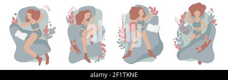 Collection de jeunes femmes dormant au lit dans différentes poses. Ensemble de personnage de dessin animé femelle allongé dans différentes postures pendant le sommeil de nuit. Vue de dessus Illustration de Vecteur