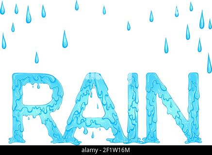 Mot goutte à goutte couleur bleu pluie avec gouttes. Illustration vectorielle isolée sur fond blanc. Style de police dessiné à la main. Mots pour l'impression, bannières, affiches, livres, icônes, autocollants. Illustration de Vecteur
