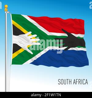 Drapeau de fantaisie sud-africain avec mains noires et blanches, symbole de fraternité, illustration vectorielle Illustration de Vecteur