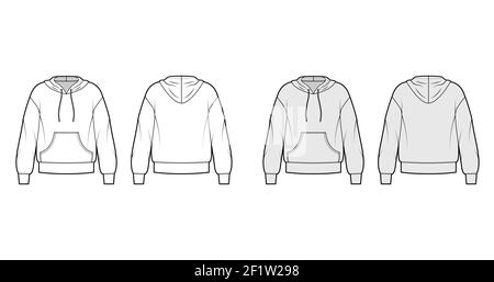 Sweat-shirt à capuche illustration technique de la mode avec manches longues, poche kangourou, ourlet à bande, cordon. Grand modèle de vêtement plat à l'avant, à l'arrière, blanc, de couleur grise. Femmes, hommes, maquette de CAD unisex Illustration de Vecteur