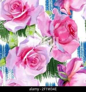 Roses d'aquarelle rouge avec de l'acanthus antique d'or vintage. Motif sans couture. Photo de haute qualité Banque D'Images