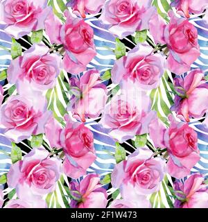 Roses d'aquarelle rouge avec de l'acanthus antique d'or vintage. Motif sans couture. Photo de haute qualité Banque D'Images