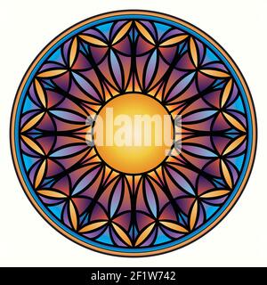 Verre teinté solaire vectoriel mandala. Fenêtre dans une église catholique est faite de verre coloré Illustration de Vecteur