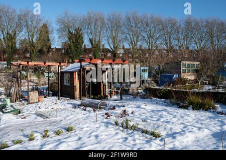 Une scène de vignerons sur un site d'allotissement couvert de neige, avec certaines cultures comme le verger qui poussent à travers la neige et un hangar rustique. Banque D'Images