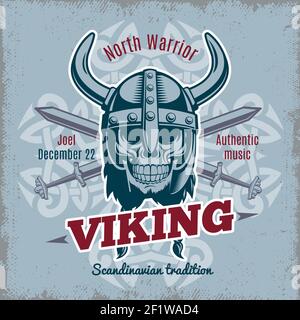 Affiche viking vintage avec crâne guerrier dans casque à cornes et illustration vectorielle des épées croisées Illustration de Vecteur