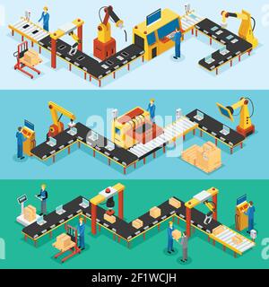 Banderoles horizontales isométriques d'usine industrielle avec lignes de production automatisées illustration vectorielle des processus d'assemblage et d'emballage Illustration de Vecteur