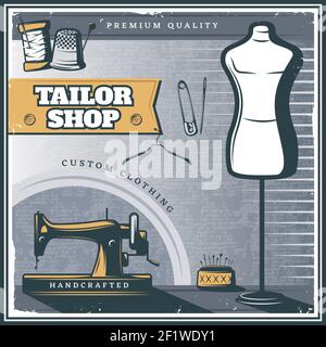 Affiche d'atelier sur mesure vintage avec outils pour équipement de mannequin de machine à coudre et illustration vectorielle des accessoires Illustration de Vecteur