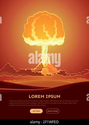 Affiche lumineuse d'explosion nucléaire avec nuage de champignon léger et fumée effet dans l'illustration vectorielle de style comique Illustration de Vecteur