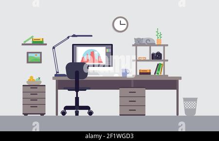 Concept d'espace de travail design coloré avec éléments intérieurs, équipement et objets dans une illustration vectorielle isolée de style plat Illustration de Vecteur