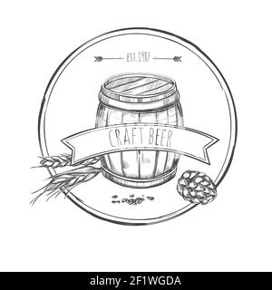 Concept de dessin de bière artisanale avec cône de houblon de blé en fût en bois et ruban sur fond blanc illustration vectorielle isolée Illustration de Vecteur