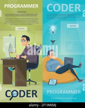 La technologie programmant des bannières verticales avec les programmeurs de travail codant le nouveau projet illustration vectorielle à la maison Illustration de Vecteur