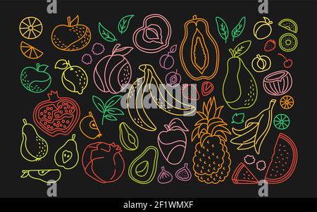 Ensemble de dessins animés aux fruits exotiques. Fruit tropical hawaïen, ananas et mûre, poire, pastèque et mandarine. Pomme et prune, abricot, figue, fraise et citron. Illustration vectorielle des signes isolés Illustration de Vecteur