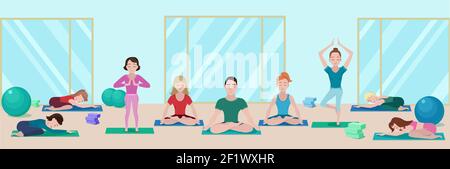 Bandeau plat coloré pour cours de yoga avec des personnes sur des tapis différentes poses dans la salle de gym Illustration de Vecteur