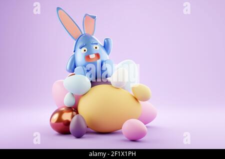 Un bon personnage d'oeuf de pâques avec des oreilles de lapin s'est assis sur quelques oeufs de chocolat. Illustration 3D. Banque D'Images