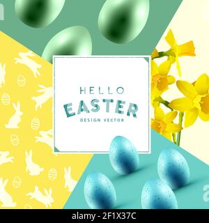 Hello Easter célébration mise en page avec des oeufs de pâques, des fleurs de jonquilles et des silhouettes de lapin. Illustration vectorielle Illustration de Vecteur