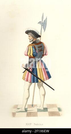 Garde royale au roi François Ier, France, XVIe siècle. Soldat de cérémonie à la 1ère Compagnie écossaise, Garde Ecossaise. Gilet en maille avec couronne et salamandre sur tunique jaune, bleue et rose, avec épée et halberd. Garde du corps de François I. lithographie colorée à la main de Jules Jacquet après une illustration d'Edmond LeChevallier-Chevignard des costumes historiques des XVIes, XVIIème et XVIIIe siecles (costumes historiques des XVIe, XVIIe et XVIIIe siècles), Paris, 1867. Edmond LeChevallier-Chevignard était artiste, illustrateur de livres et décorateur d'intérieur. Banque D'Images