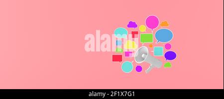 Des bulles de parole colorées autour du mégaphone sur fond rose. Le concept d'attitude différente 3d rend l'illustration 3d Banque D'Images