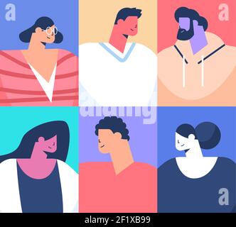 set mix race gens avatars collection hommes femmes personnages de dessin animé portraits illustration vectorielle Illustration de Vecteur